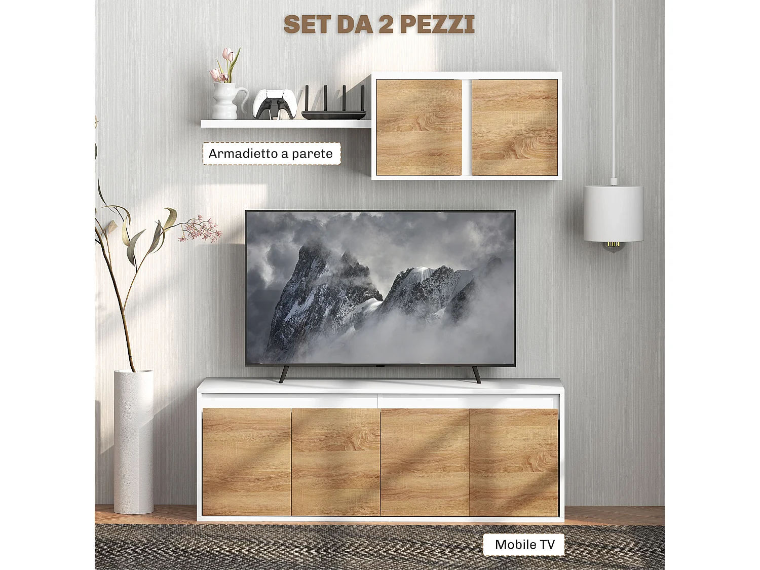 Set mobile TV e armadietto a muro con 7 ripiani e scaffale aperto