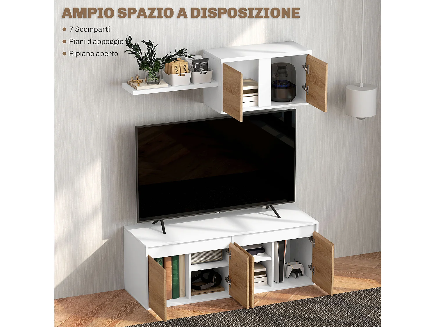 Set mobile TV e armadietto a muro con 7 ripiani e scaffale aperto