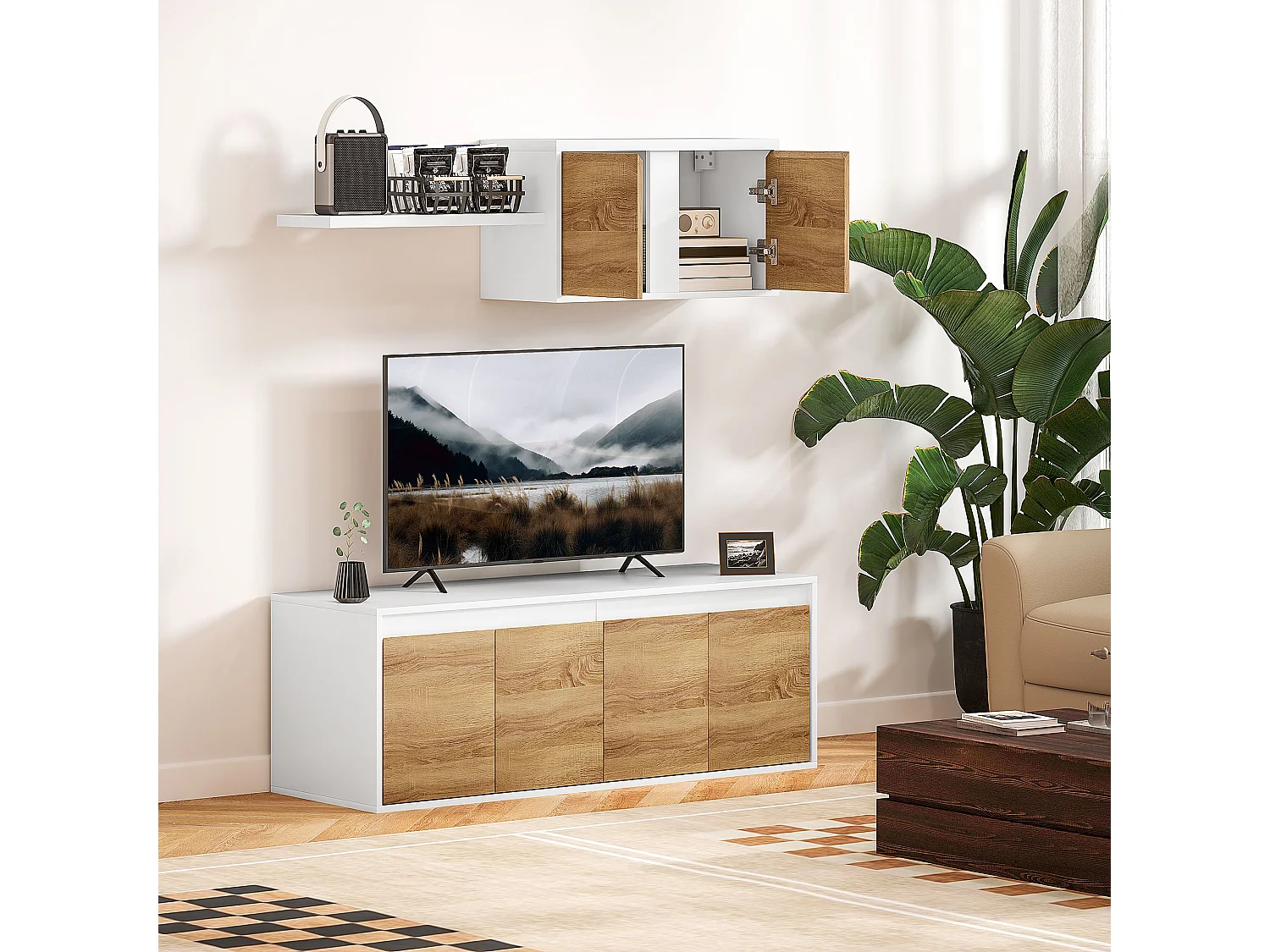 Set mobile TV e armadietto a muro con 7 ripiani e scaffale aperto