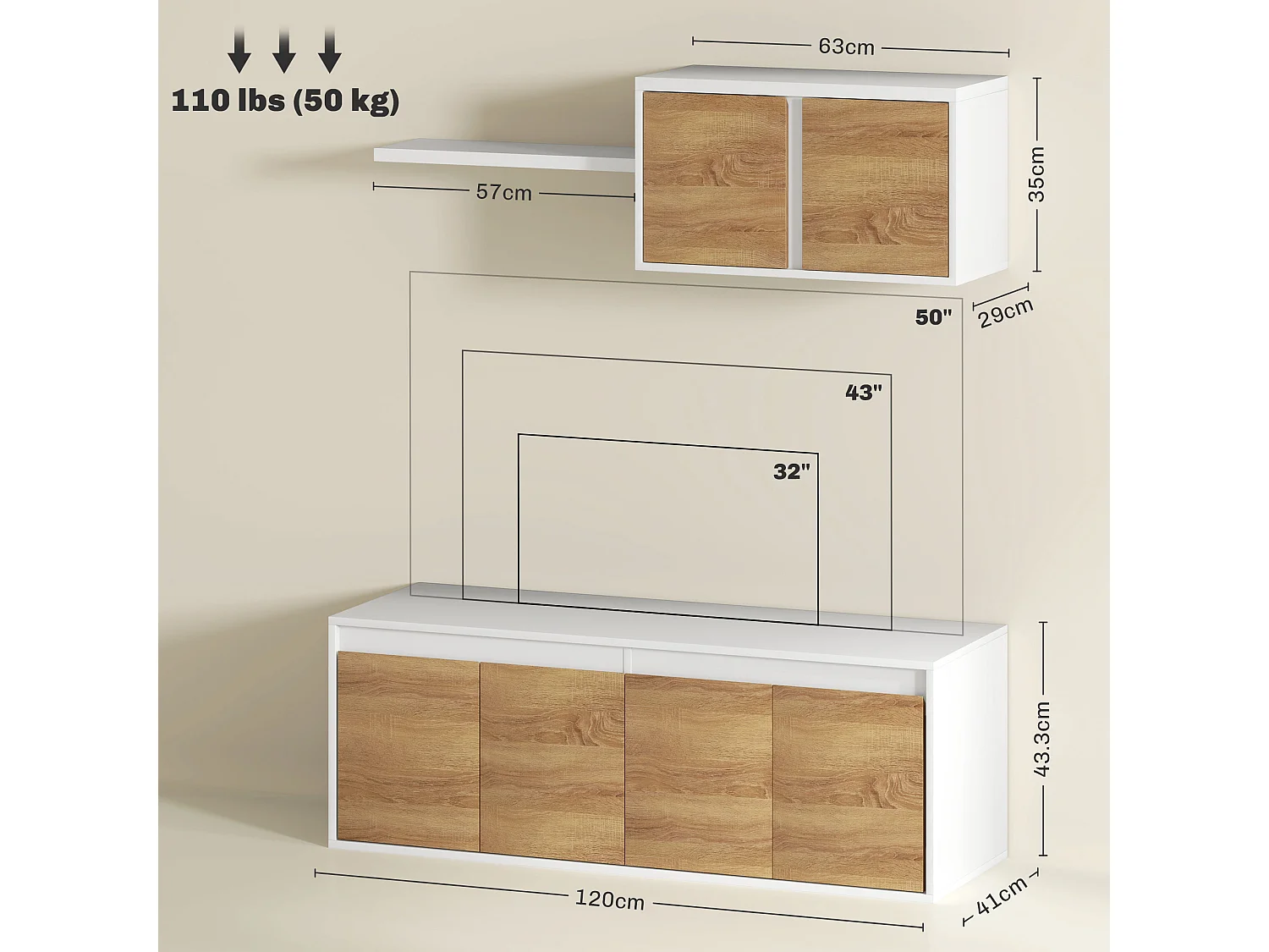 Set mobile TV e armadietto a muro con 7 ripiani e scaffale aperto