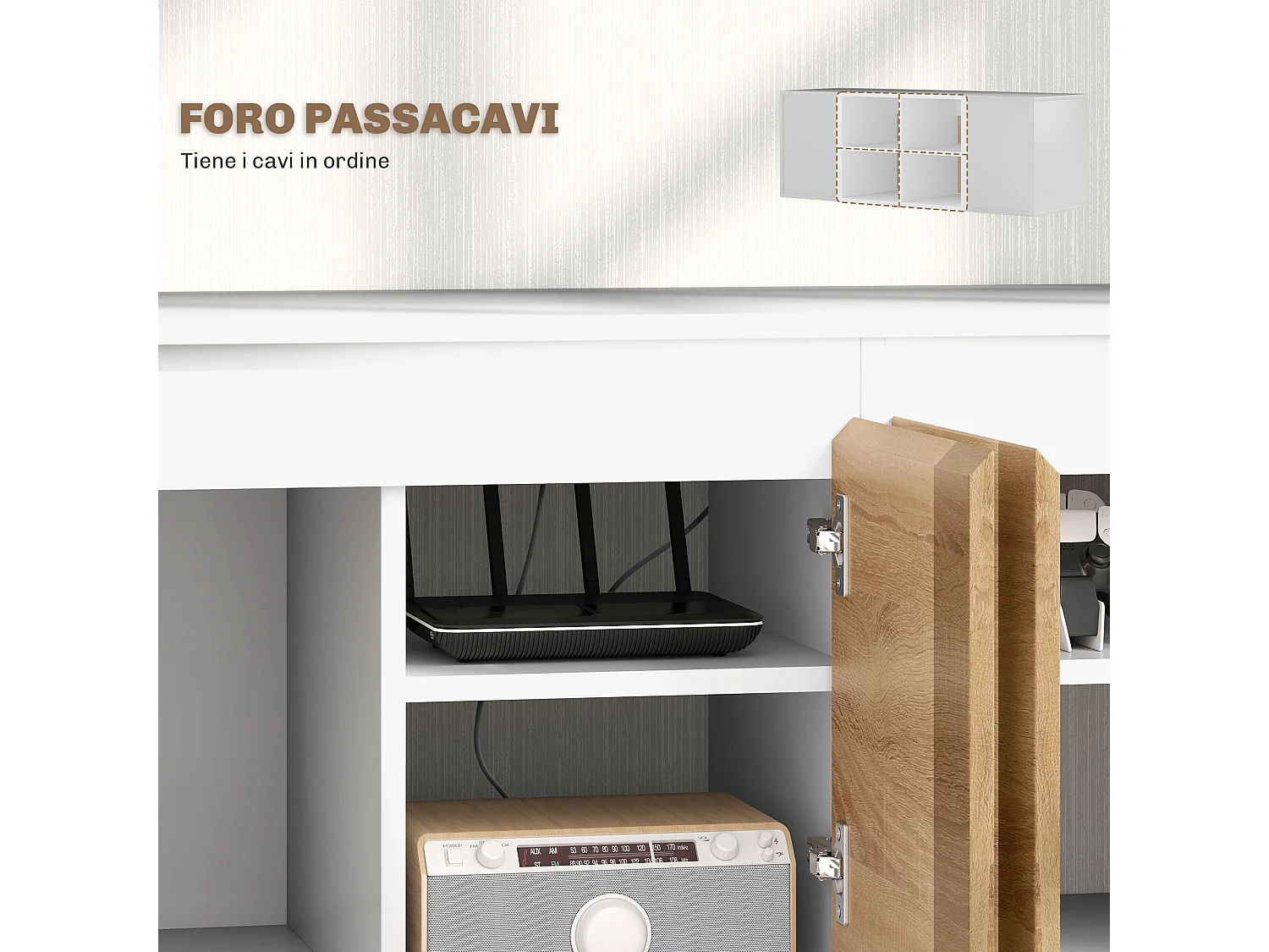 Set mobile TV e armadietto a muro con 7 ripiani e scaffale aperto