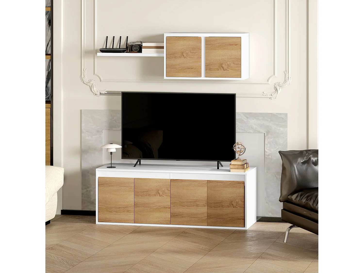 Set mobile TV e armadietto a muro con 7 ripiani e scaffale aperto