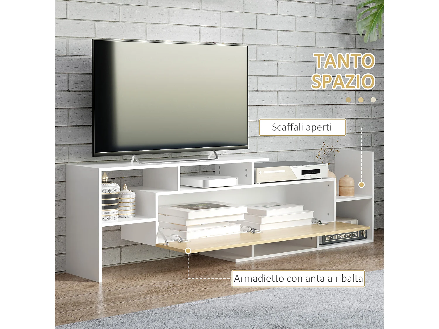 Mobile tv con mensola a muro ripiani e armadietto bianco e legno