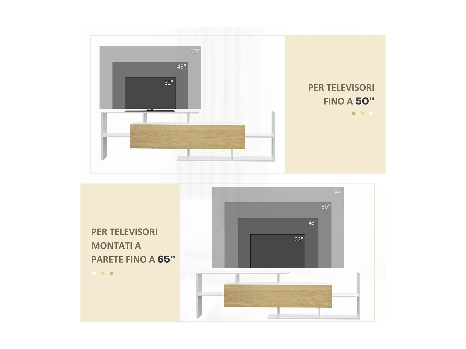 Mobile tv con mensola a muro ripiani e armadietto bianco e legno