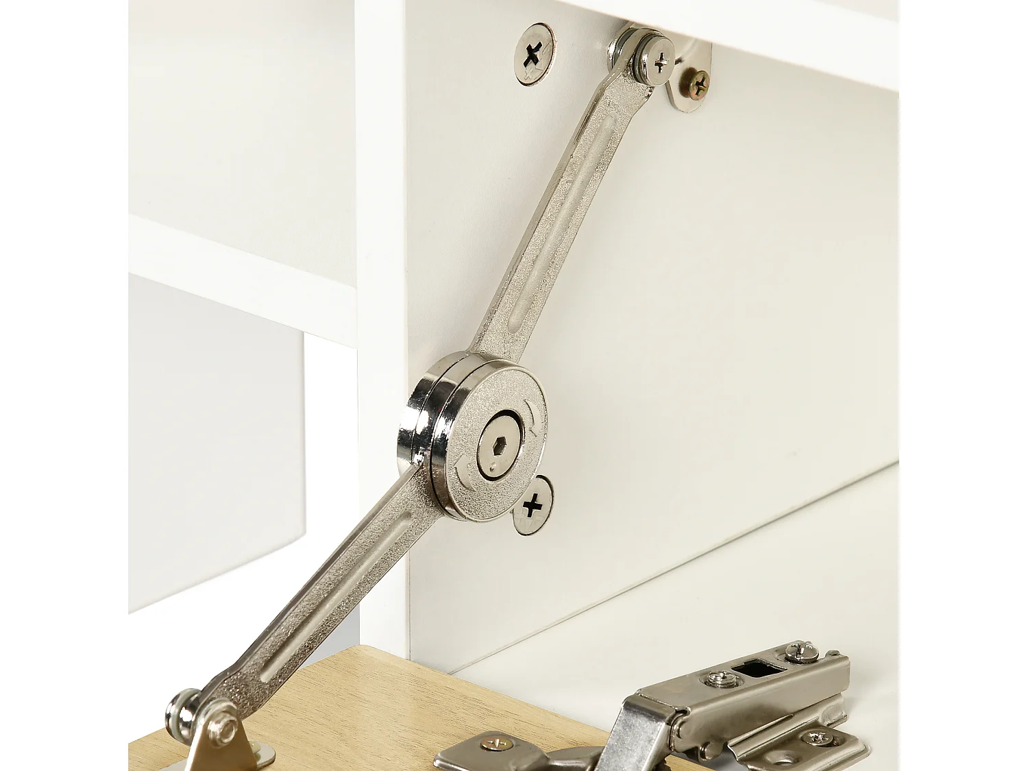 Mobile tv con mensola a muro ripiani e armadietto bianco e legno