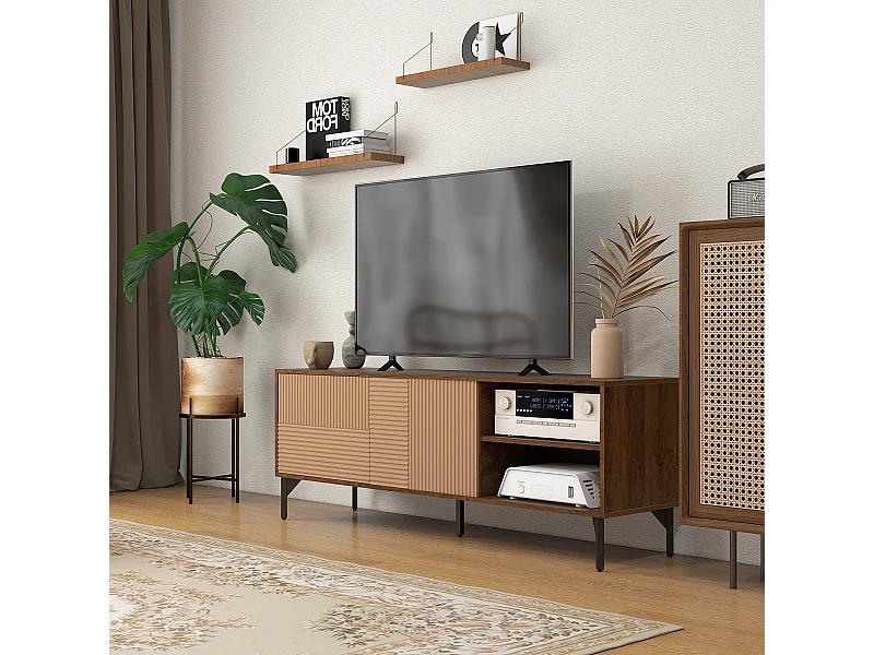 Mobile porta tv fino 65" con 2 armadietti e vani aperti marrone