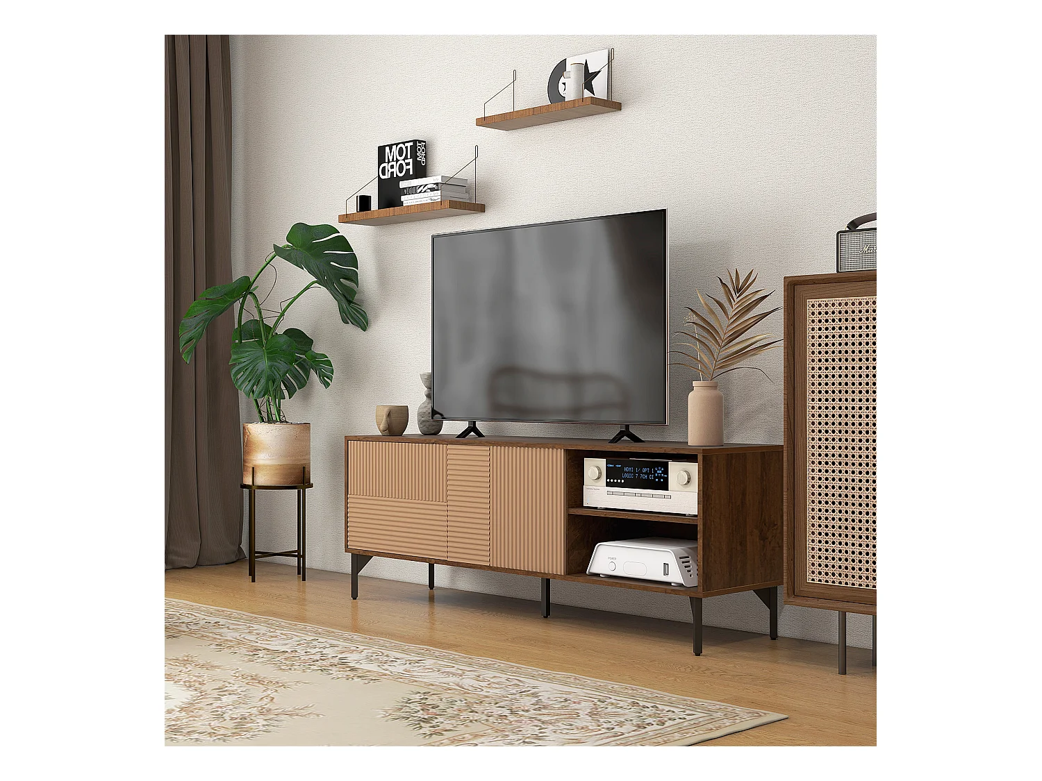 Mobile porta tv fino 65" con 2 armadietti e vani aperti marrone