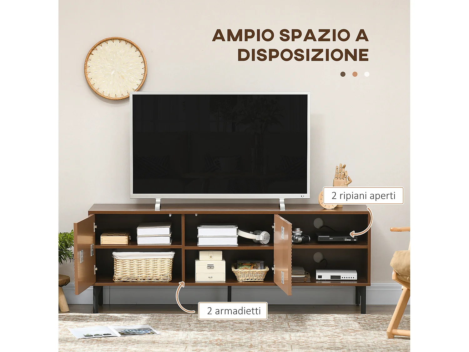 Mobile porta tv fino 65" con 2 armadietti e vani aperti marrone