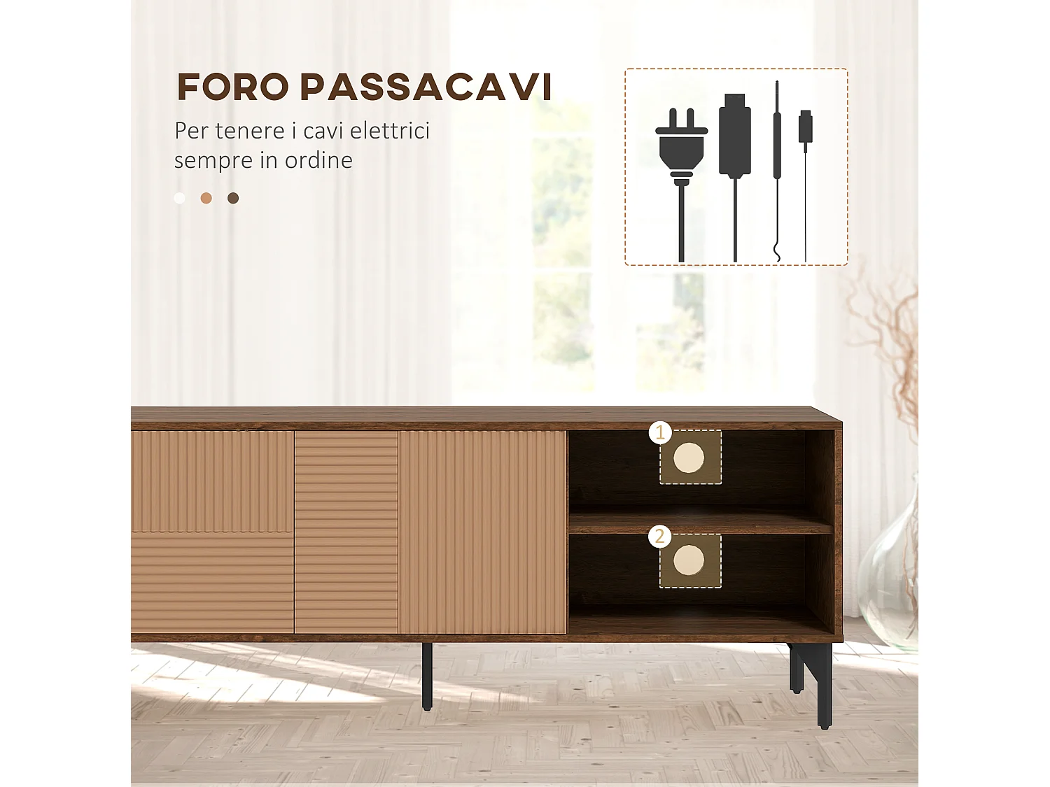 Mobile porta tv fino 65" con 2 armadietti e vani aperti marrone