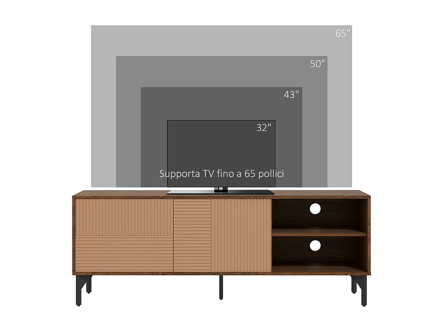 Mobile porta tv fino 65" con 2 armadietti e vani aperti marrone