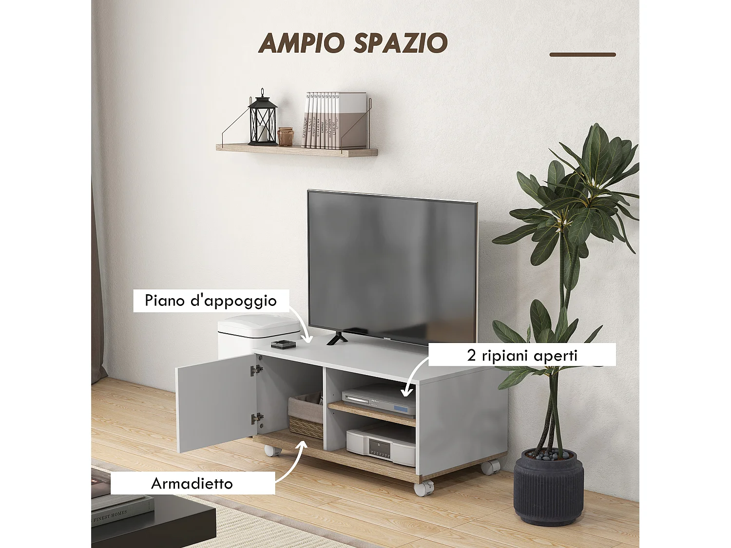 Mobile tv 42&nbsp; max con 2 ripiani aperti e anta in truciolato bianco