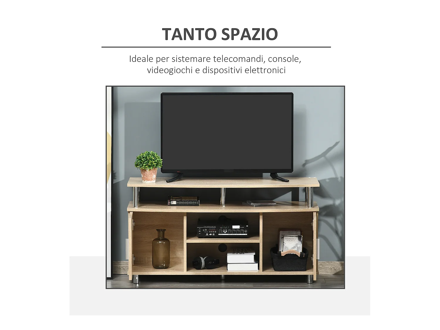 Mobile tv moderno con 2 armadietti in mdf 105x40x55cm quercia