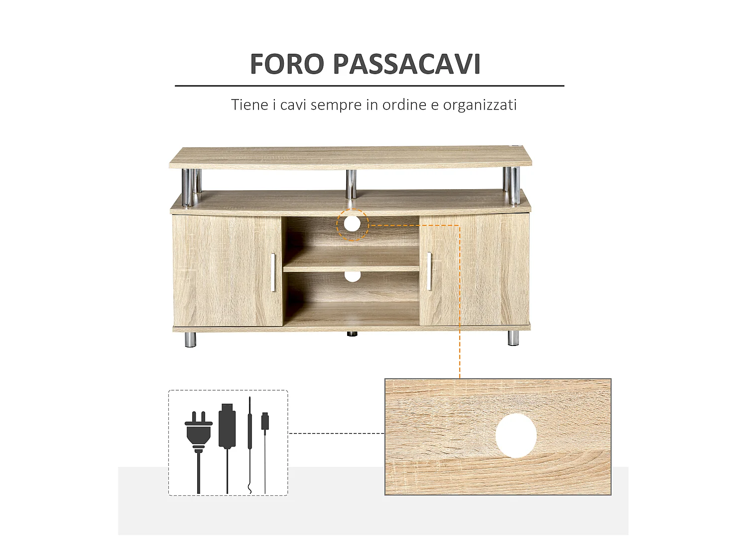 Mobile tv moderno con 2 armadietti in mdf 105x40x55cm quercia