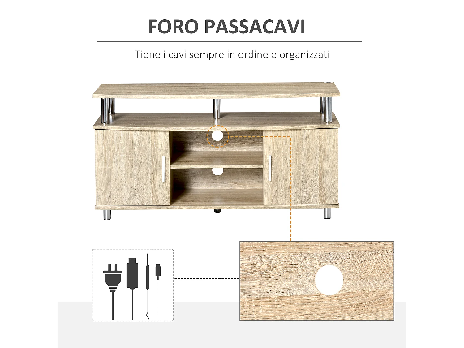 Mobile tv moderno con 2 armadietti in mdf 105x40x55cm quercia