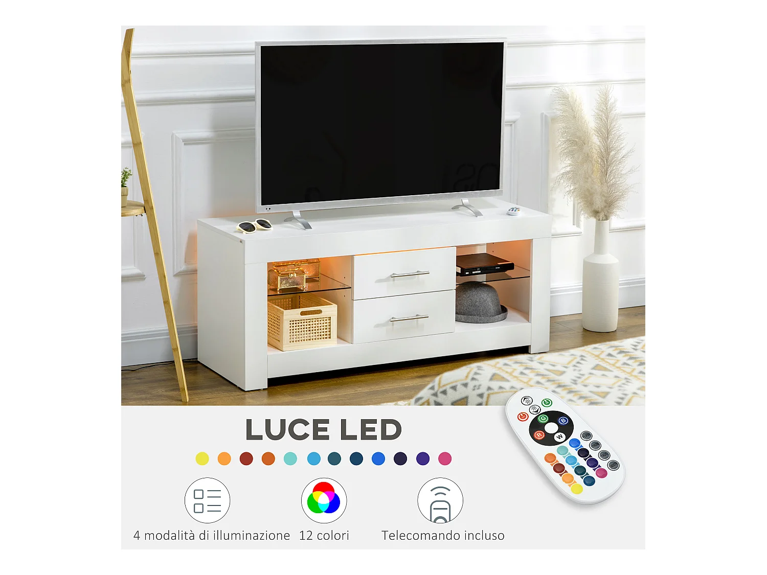 Mobile tv con luci led 12 colori e telecomando in legno e vetro