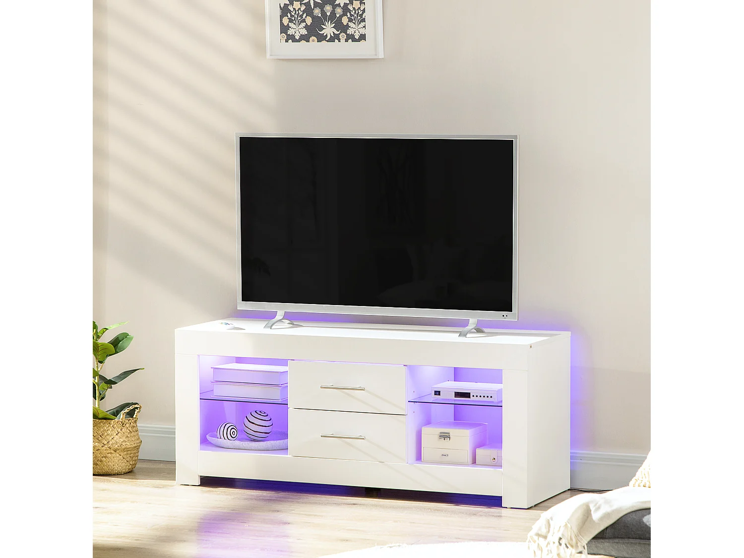 Mobile tv con luci led 12 colori e telecomando in legno e vetro