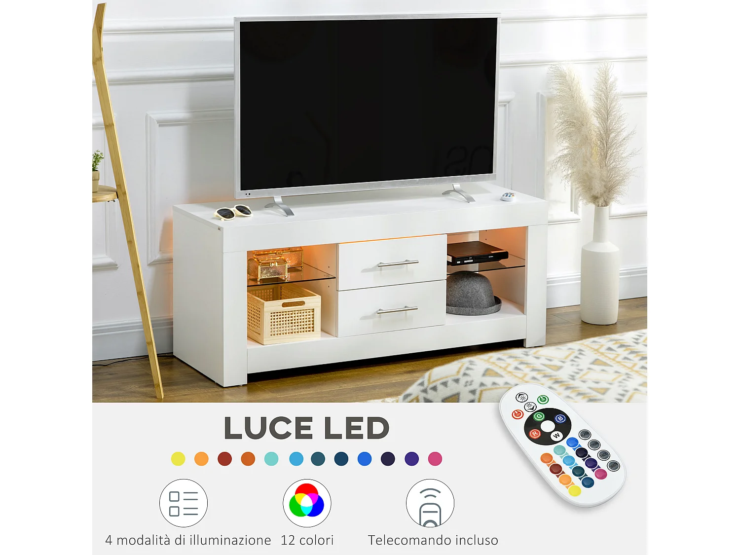 Mobile tv con luci led 12 colori e telecomando in legno e vetro