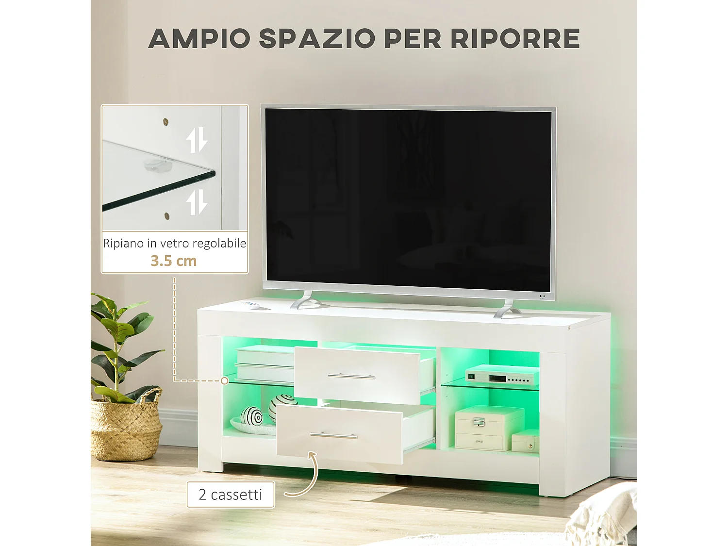 Mobile tv con luci led 12 colori e telecomando in legno e vetro