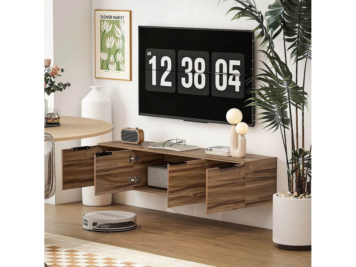 Mobile porta tv sospeso fino 65" con 3 armadietti stile industriale