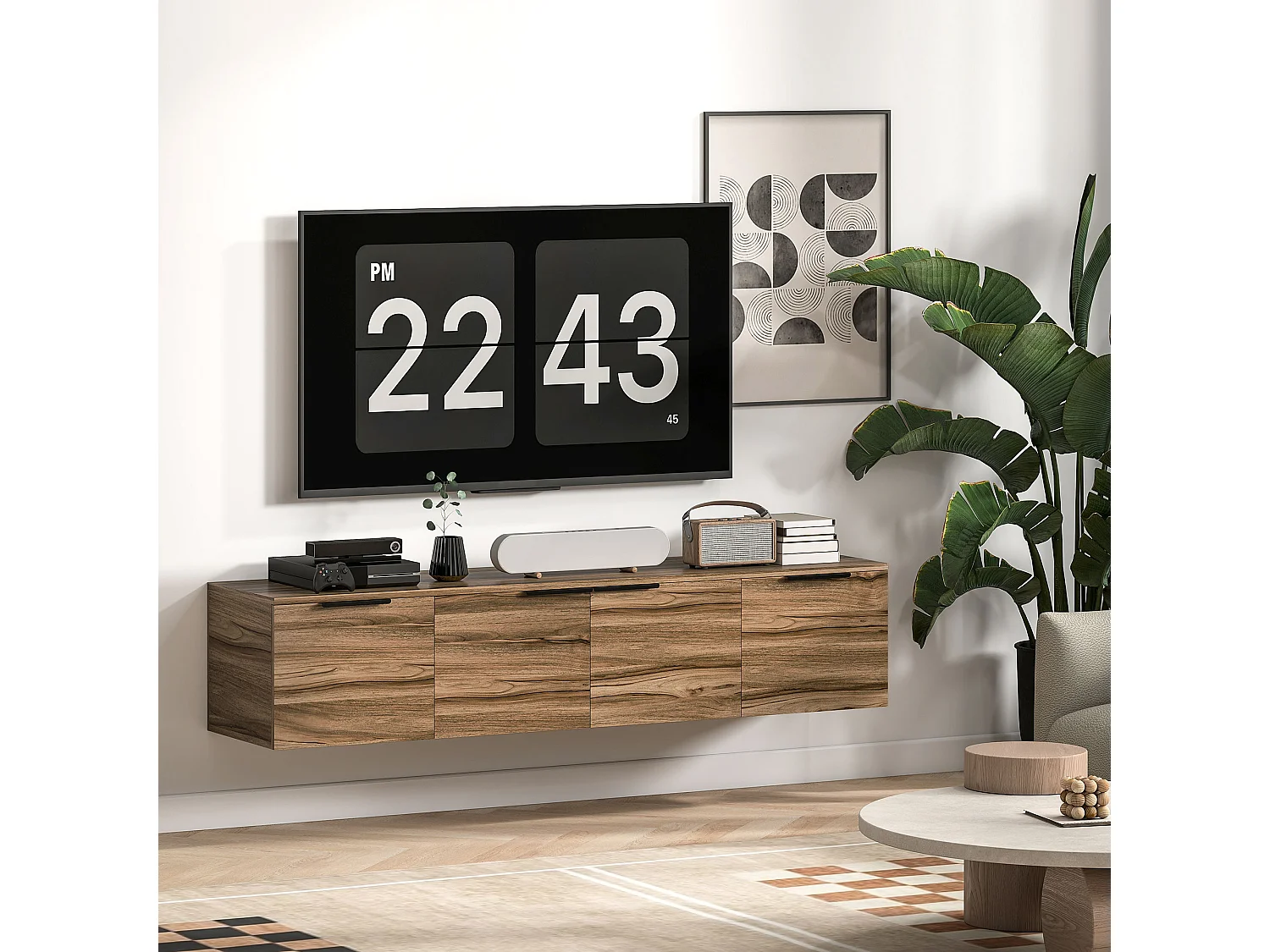 Mobile porta tv sospeso fino 65" con 3 armadietti stile industriale