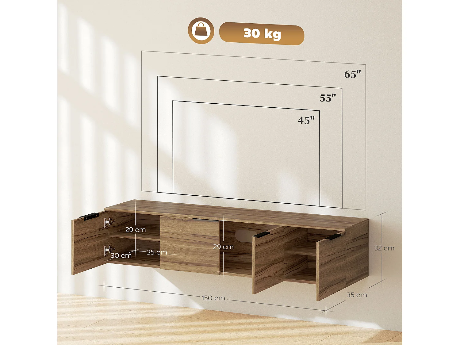 Mobile porta tv sospeso fino 65" con 3 armadietti stile industriale