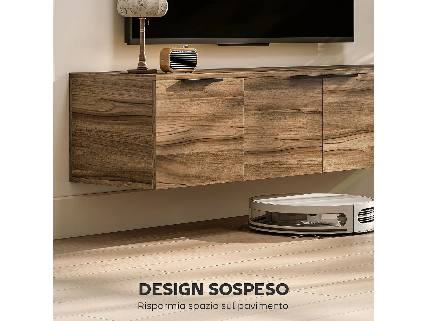 Mobile porta tv sospeso fino 65" con 3 armadietti stile industriale