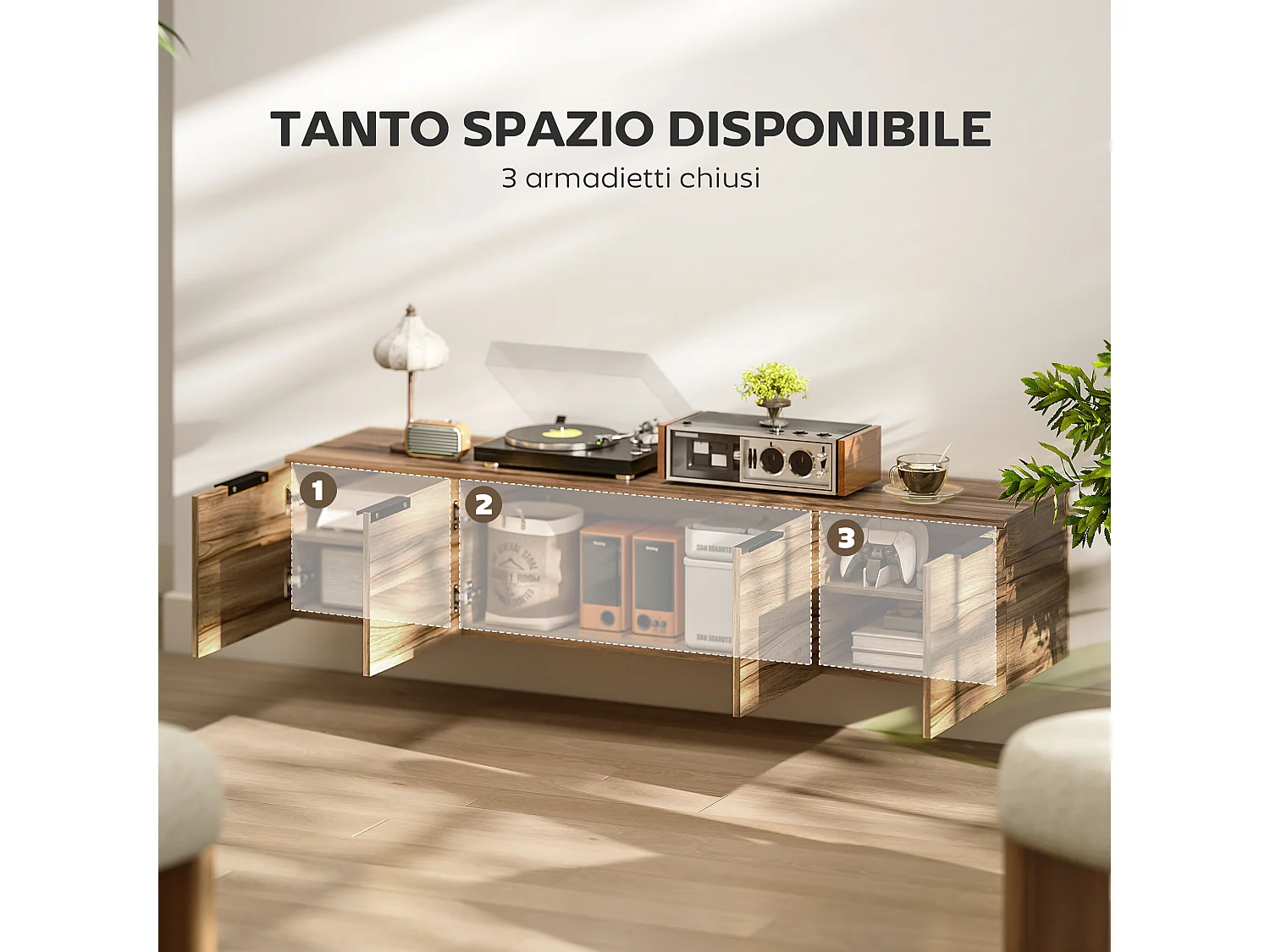 Mobile porta tv sospeso fino 65" con 3 armadietti stile industriale