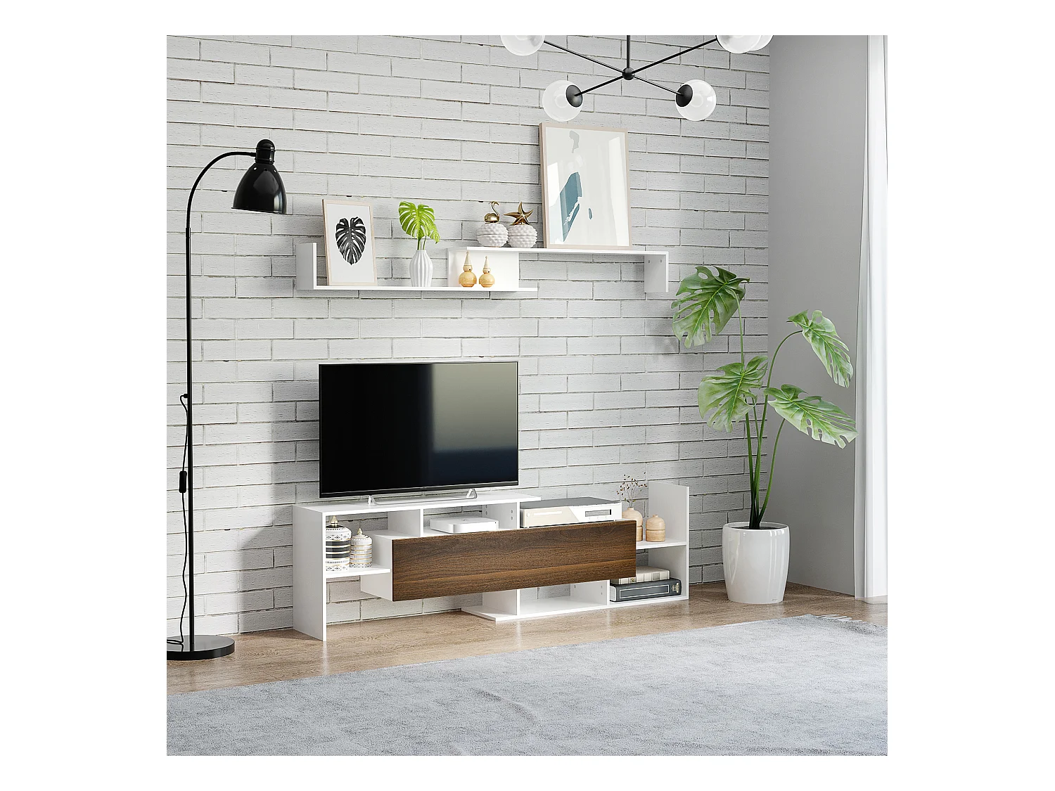 Mobile tv con mensola a muro ripiani aperti e armadietto