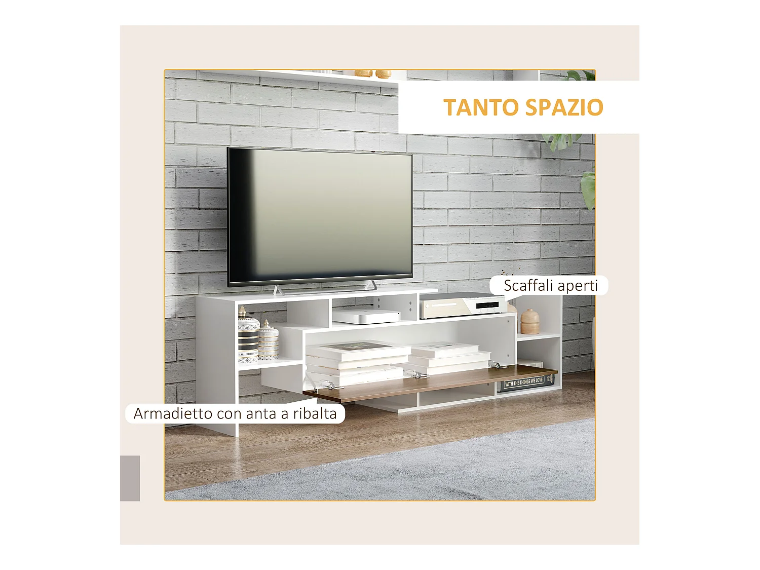 Mobile tv con mensola a muro ripiani aperti e armadietto