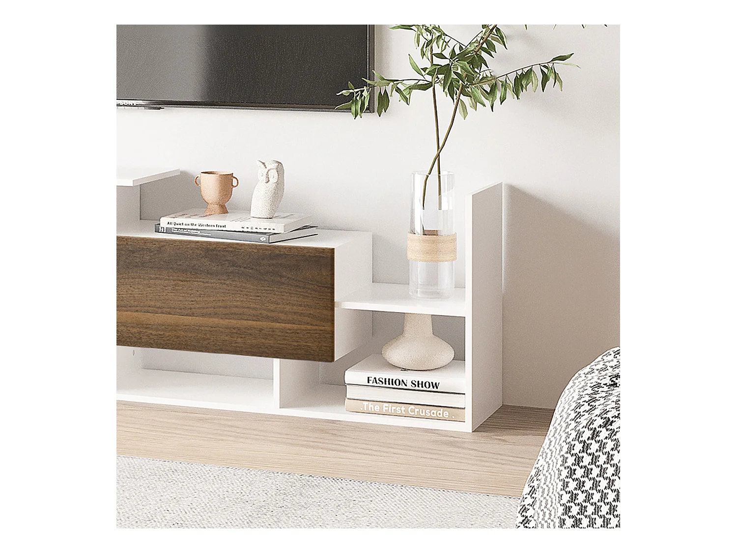 Mobile tv con mensola a muro ripiani aperti e armadietto