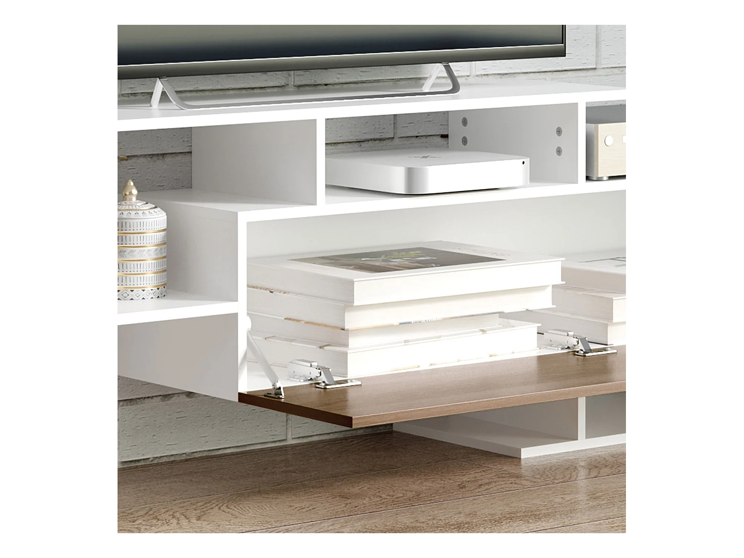 Mobile tv con mensola a muro ripiani aperti e armadietto