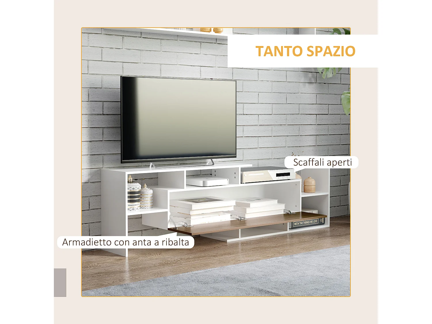 Mobile tv con mensola a muro ripiani aperti e armadietto