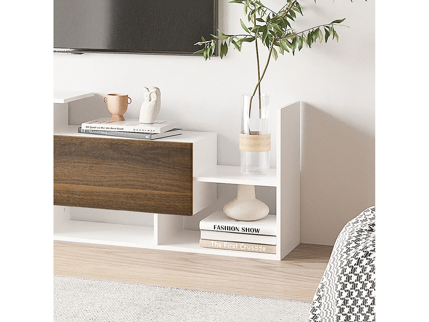 Mobile tv con mensola a muro ripiani aperti e armadietto