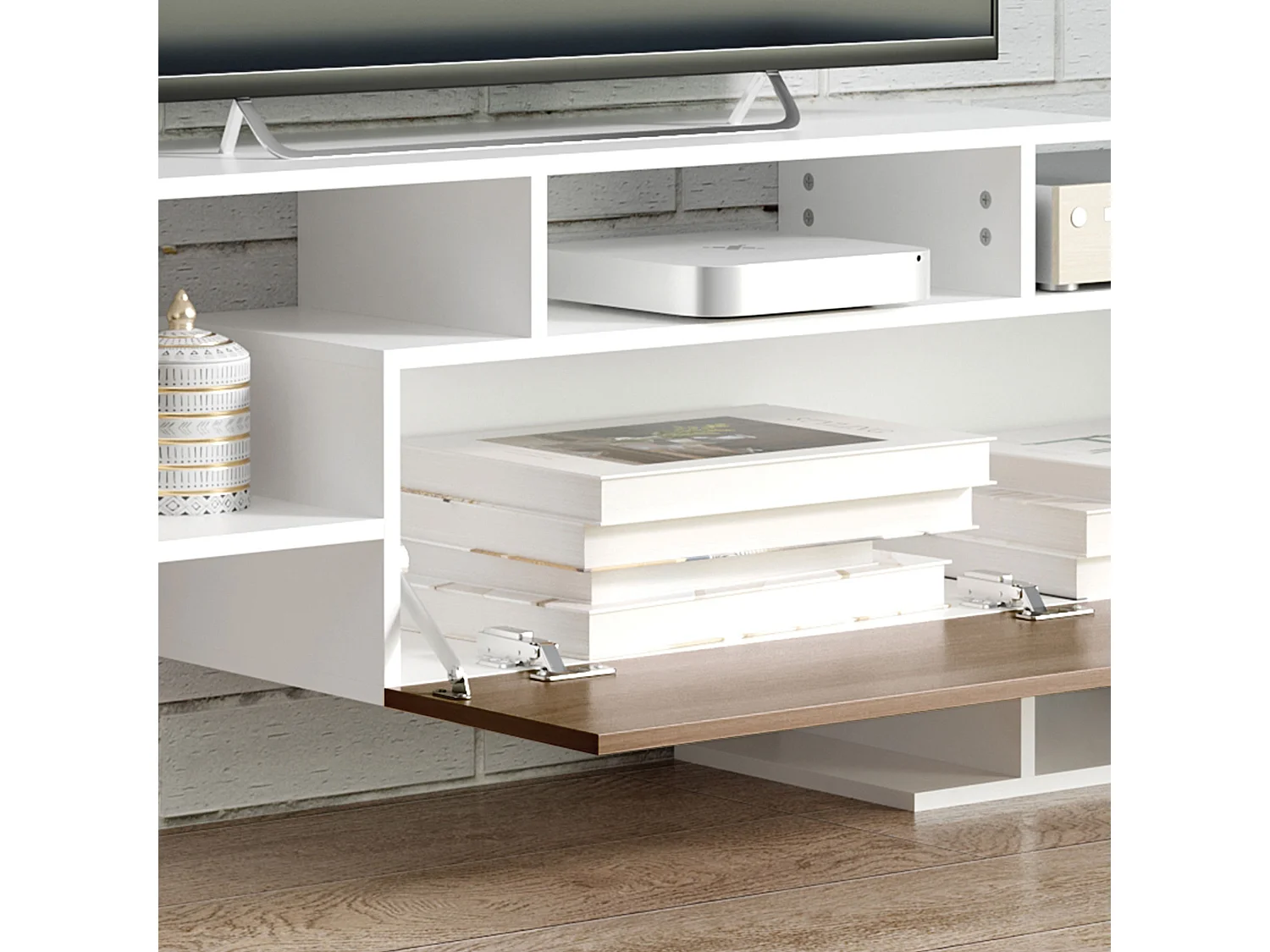 Mobile tv con mensola a muro ripiani aperti e armadietto