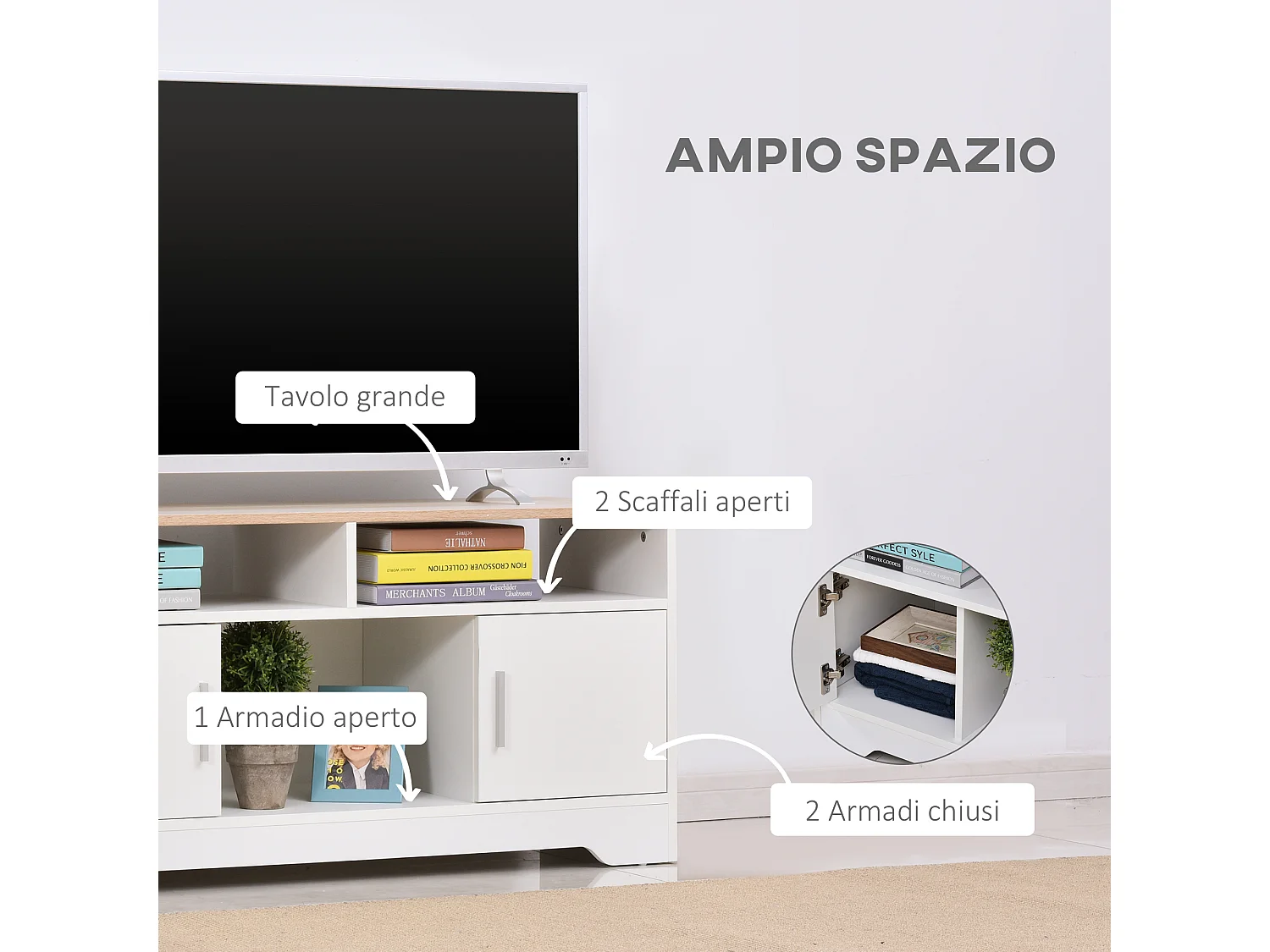 Mobile tv 42&nbsp; 3 scomparti aperti 2 armadietti piano d'appoggio