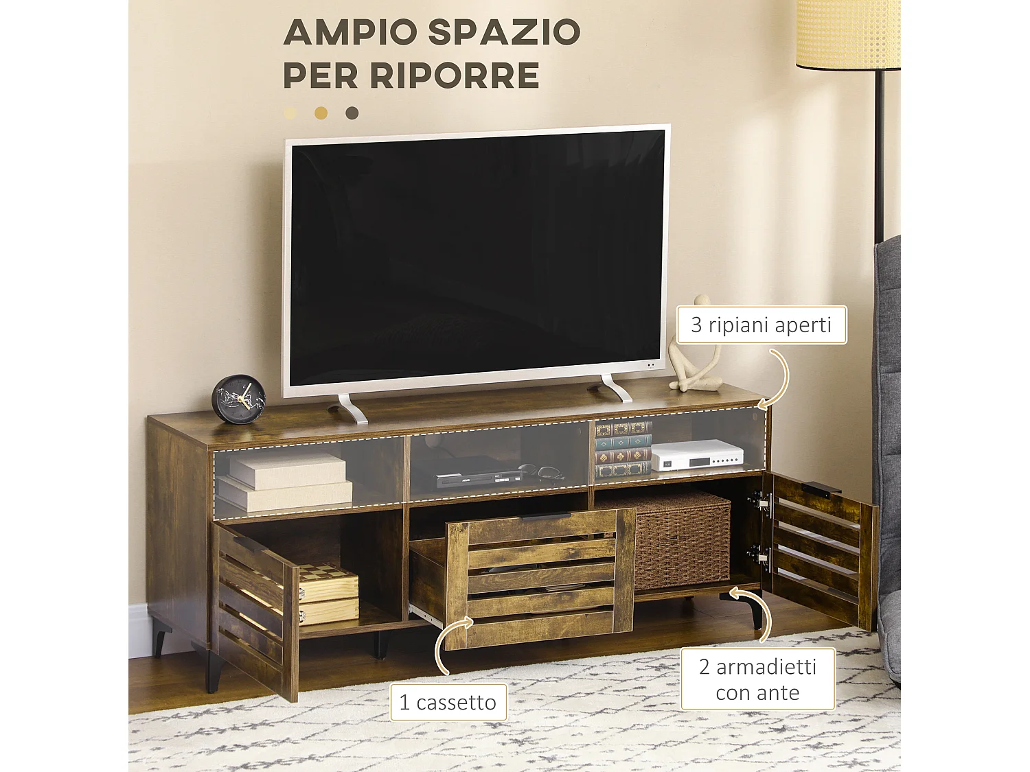 Mobile tv fino a 65" in stile rustico 140,4x36x55cm marrone