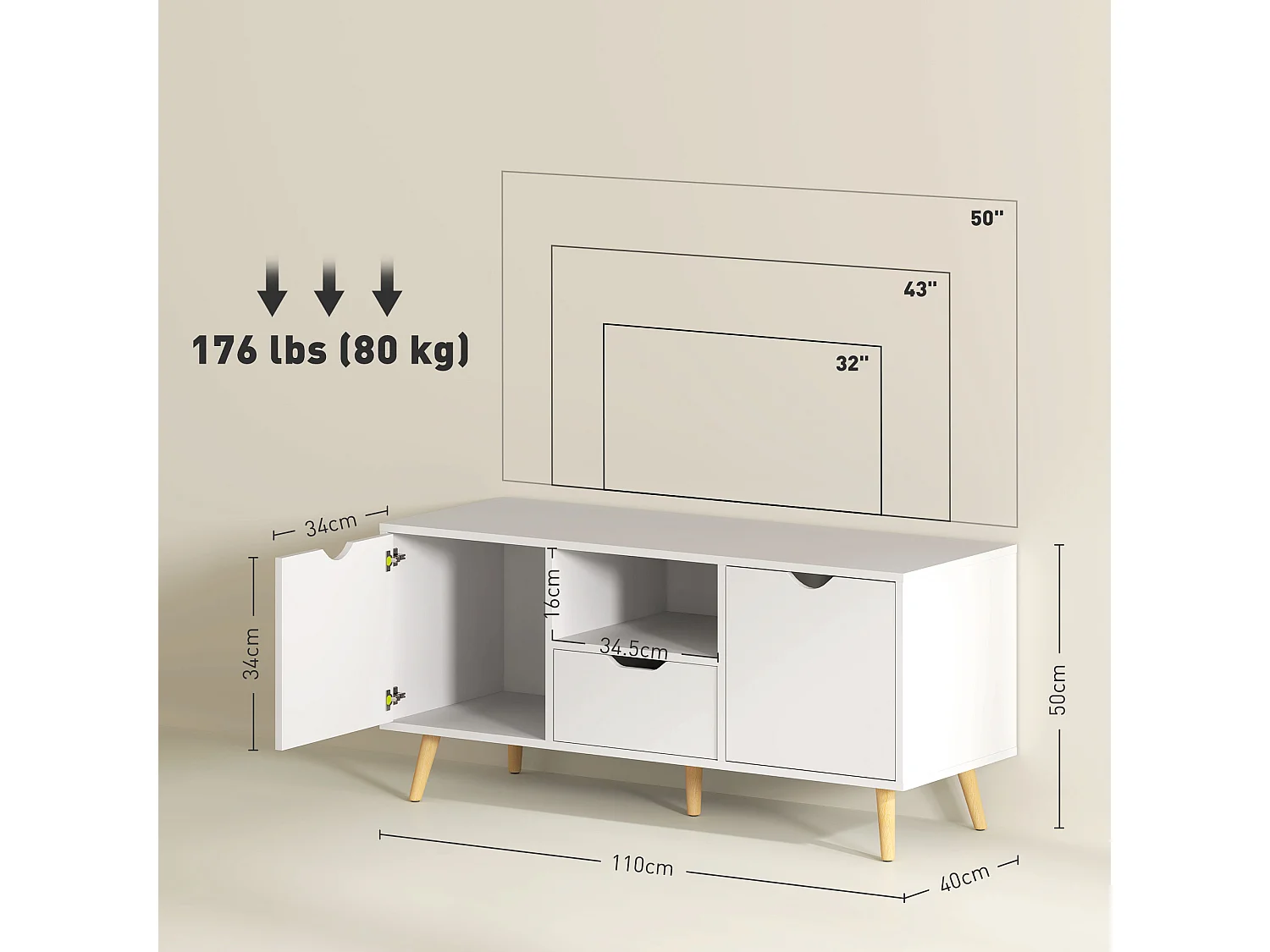 Mobile porta tv max 50" con cassetto e armadietti colore bianco