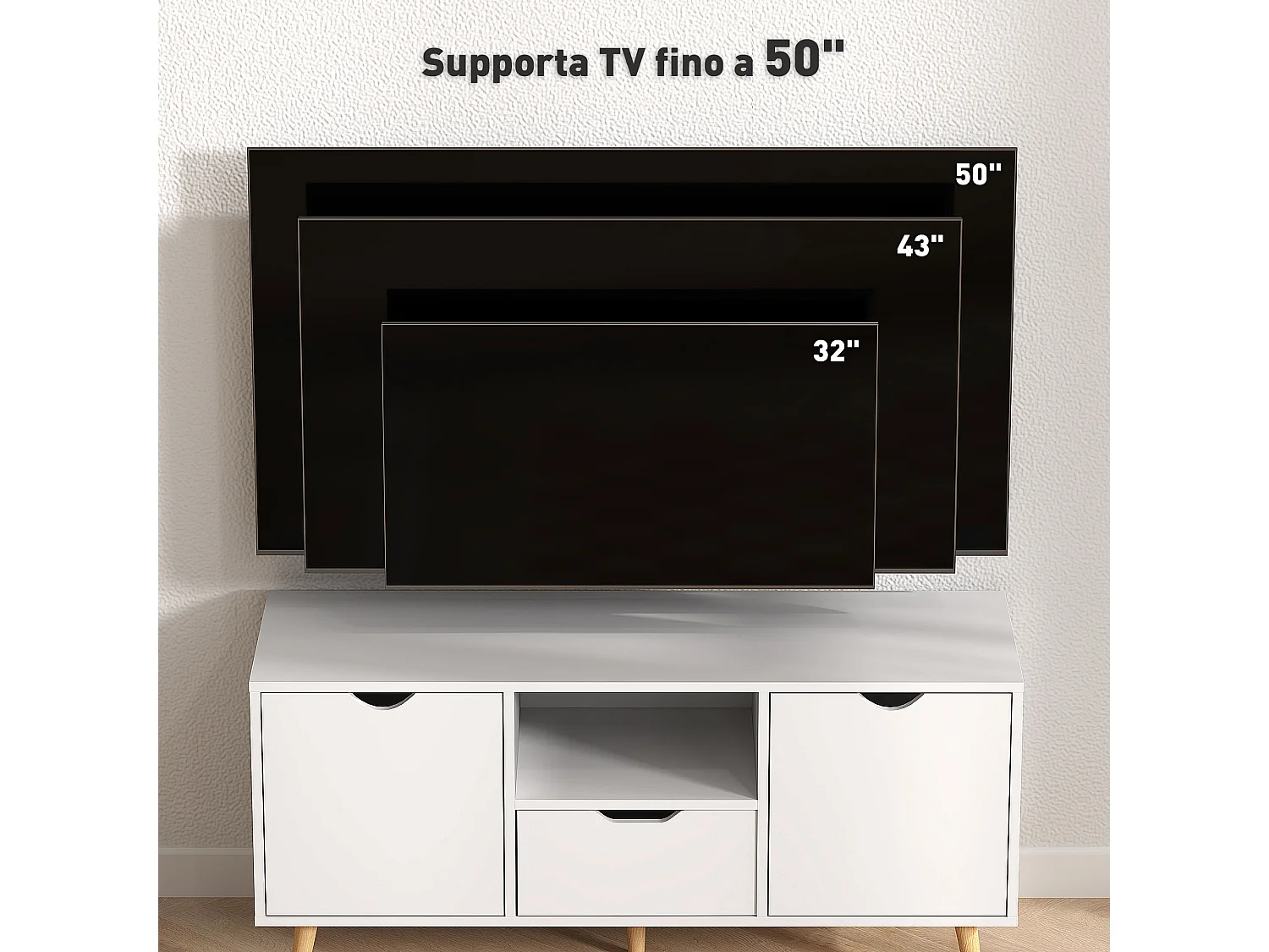 Mobile porta tv max 50" con cassetto e armadietti colore bianco