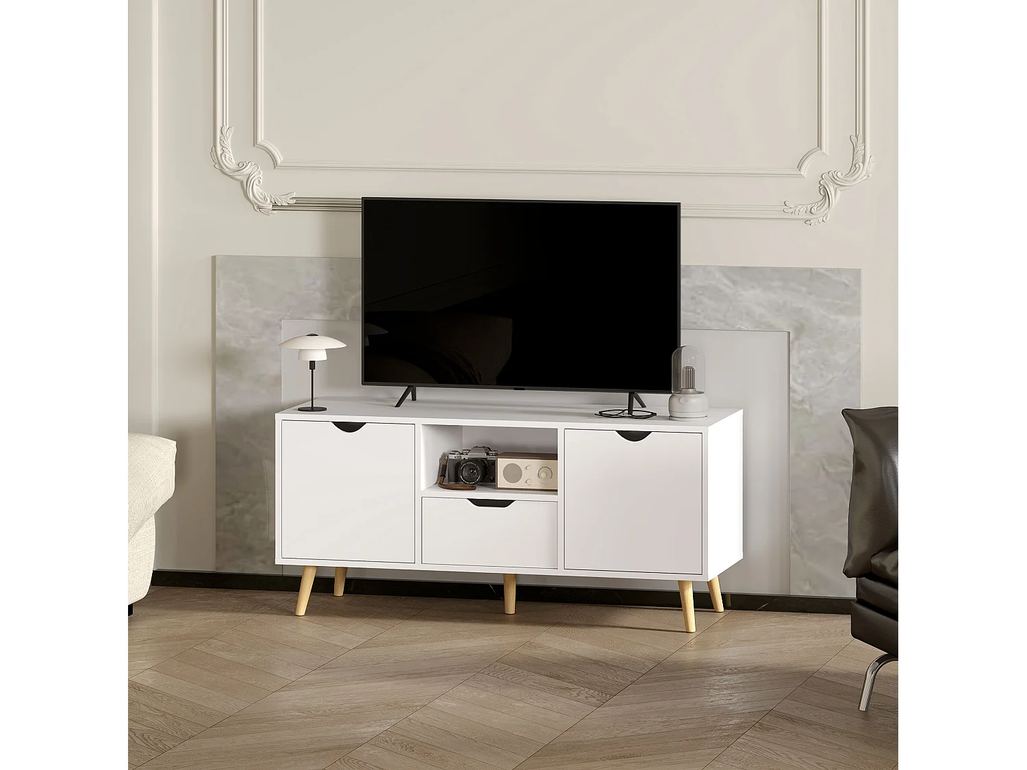 Mobile porta tv max 50" con cassetto e armadietti colore bianco