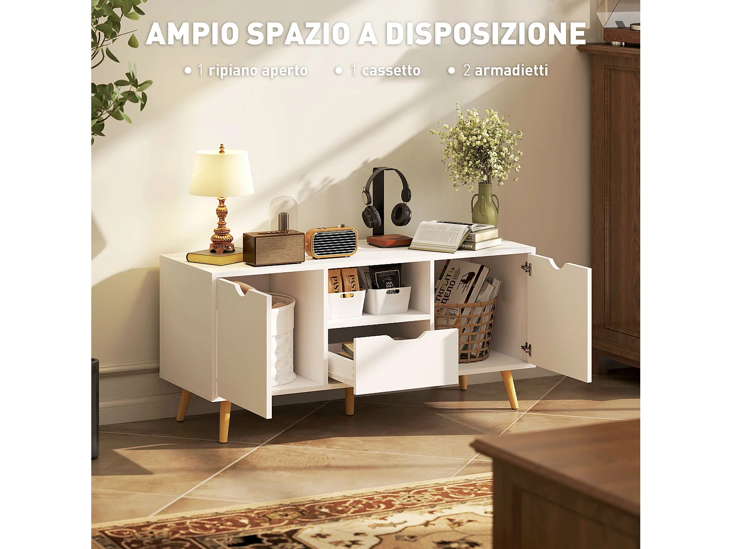 Mobile porta tv max 50" con cassetto e armadietti colore bianco