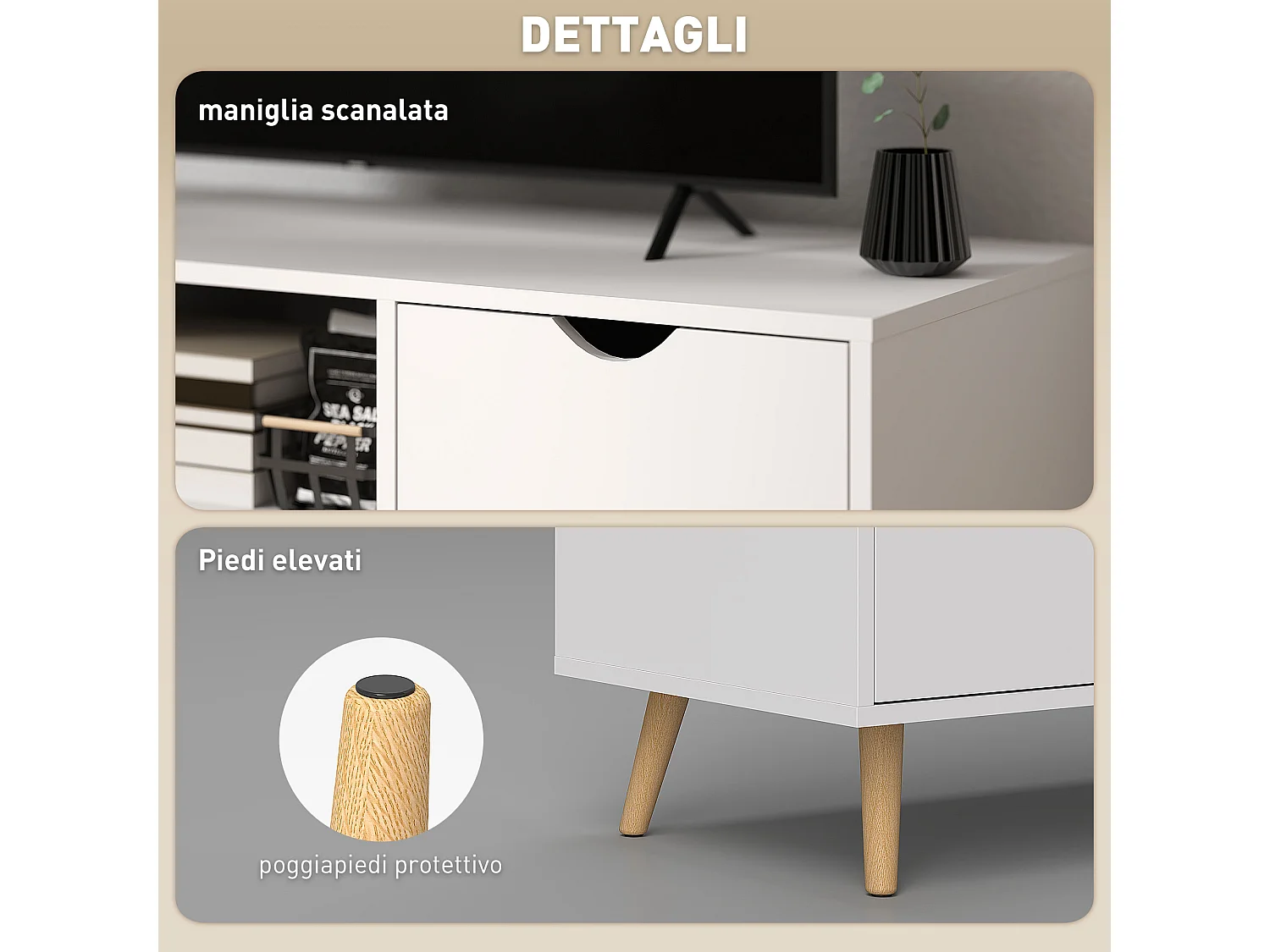 Mobile porta tv max 50" con cassetto e armadietti colore bianco