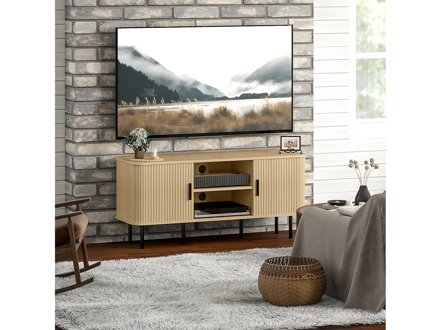 Mobile tv 55&nbsp; con 2 armadietti e 2 ripiani in legno e acciaio