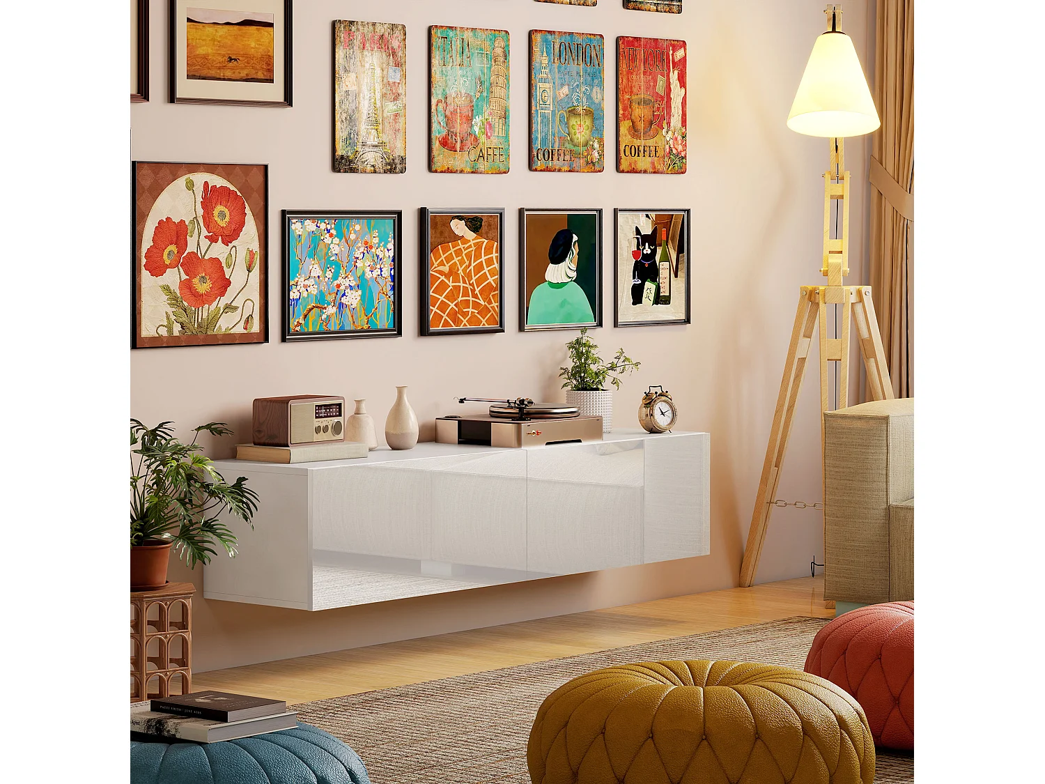 Mobile porta tv da 45"-55"-65" sospeso con 2 armadietti bianco