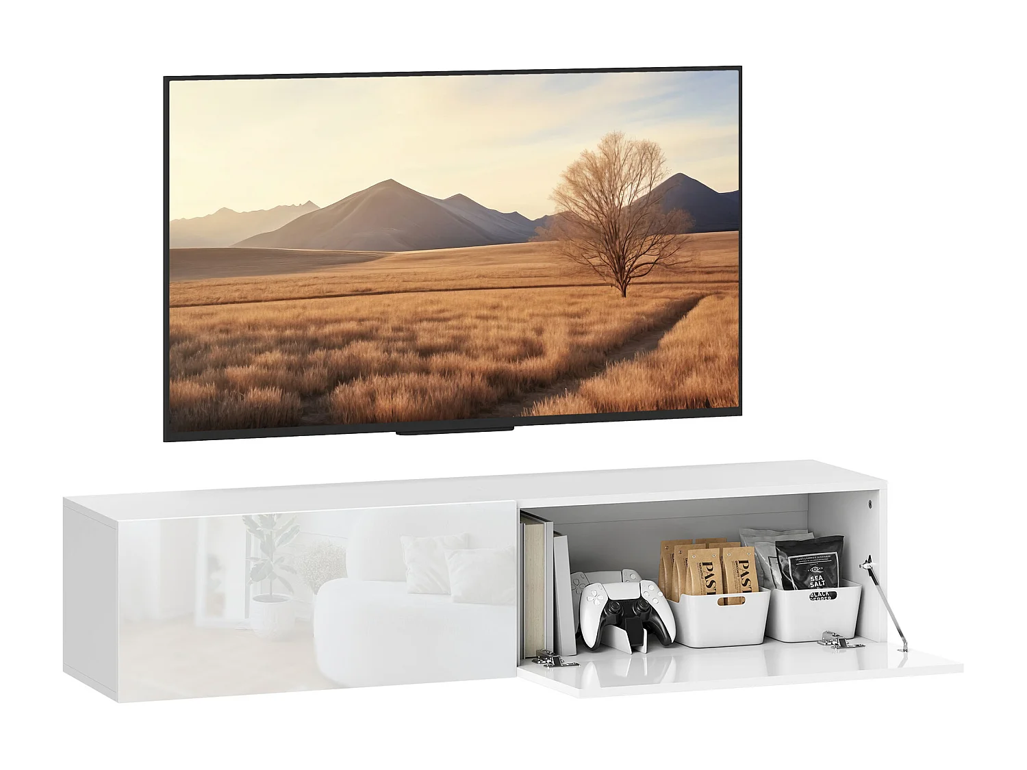 Mobile porta tv da 45"-55"-65" sospeso con 2 armadietti bianco