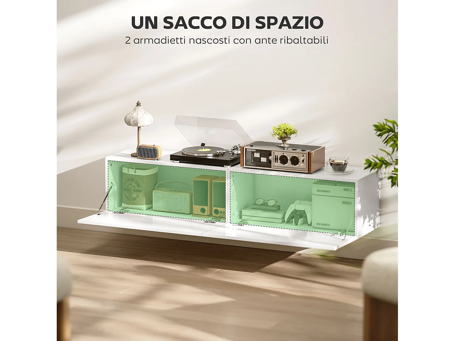 Mobile porta tv da 45"-55"-65" sospeso con 2 armadietti bianco