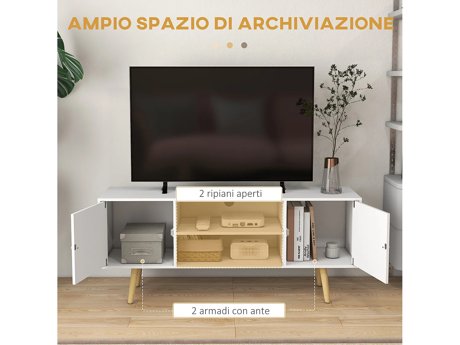 Mobile tv 55 pollici max con 2 armadietti e 2 ripiani in truciolato