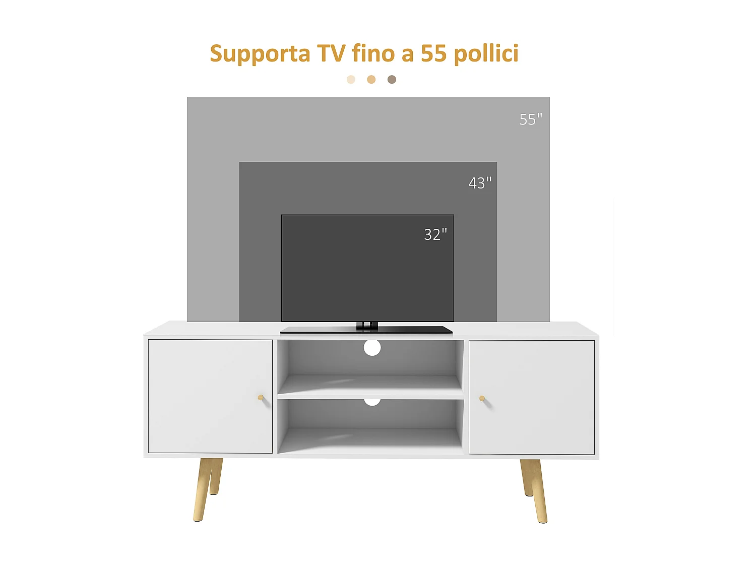 Mobile tv 55 pollici max con 2 armadietti e 2 ripiani in truciolato