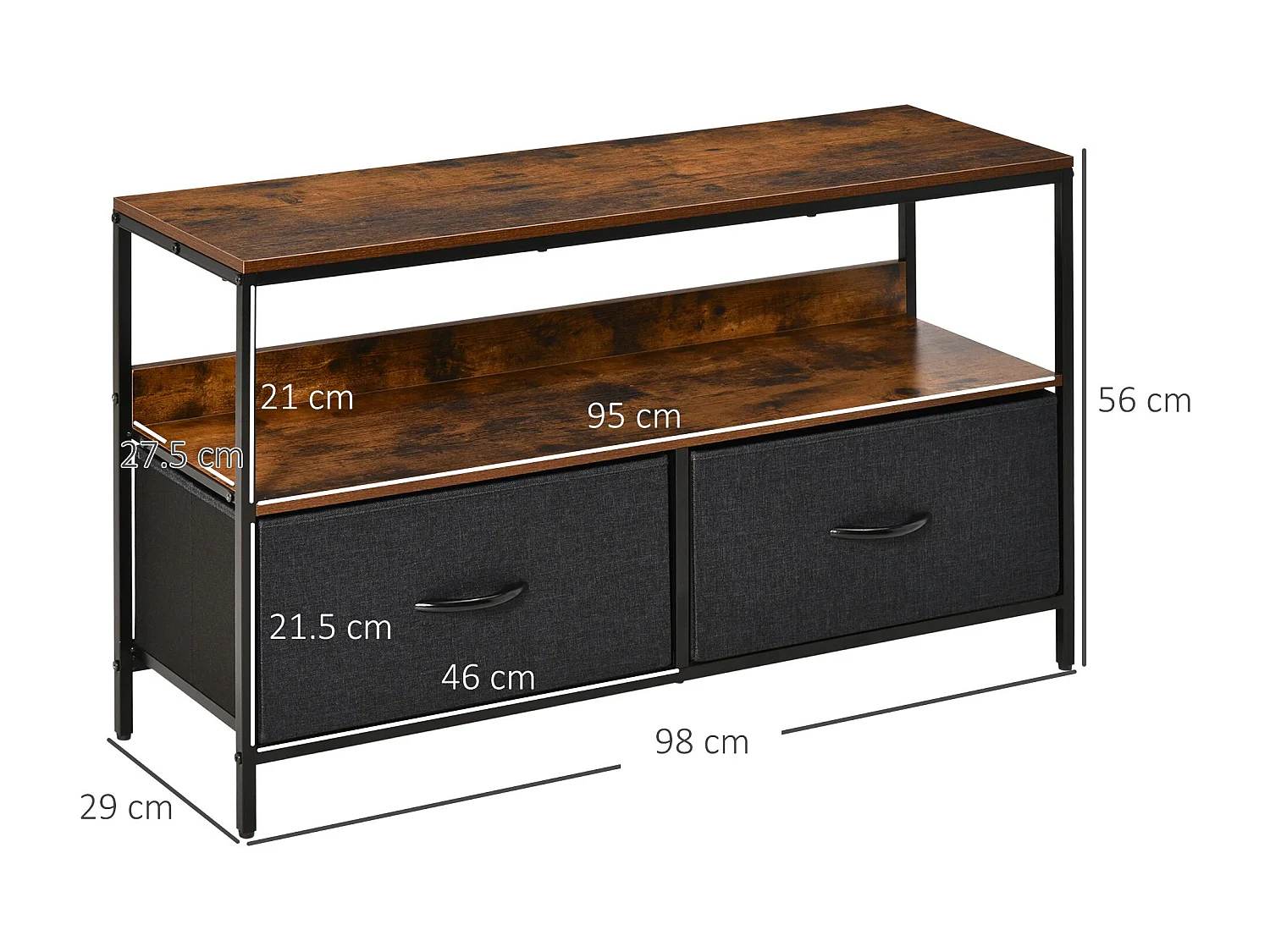 Mobile tv stile industriale con 2 cassetti e mensola 98x29x56cm