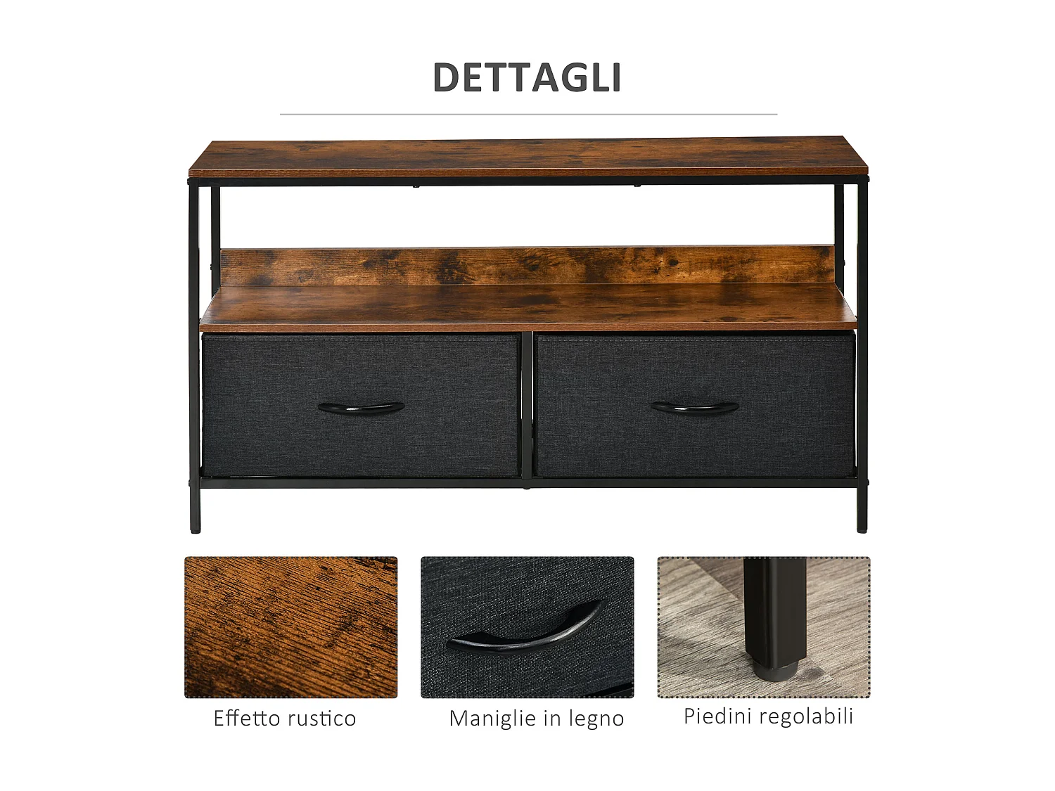 Mobile tv stile industriale con 2 cassetti e mensola 98x29x56cm