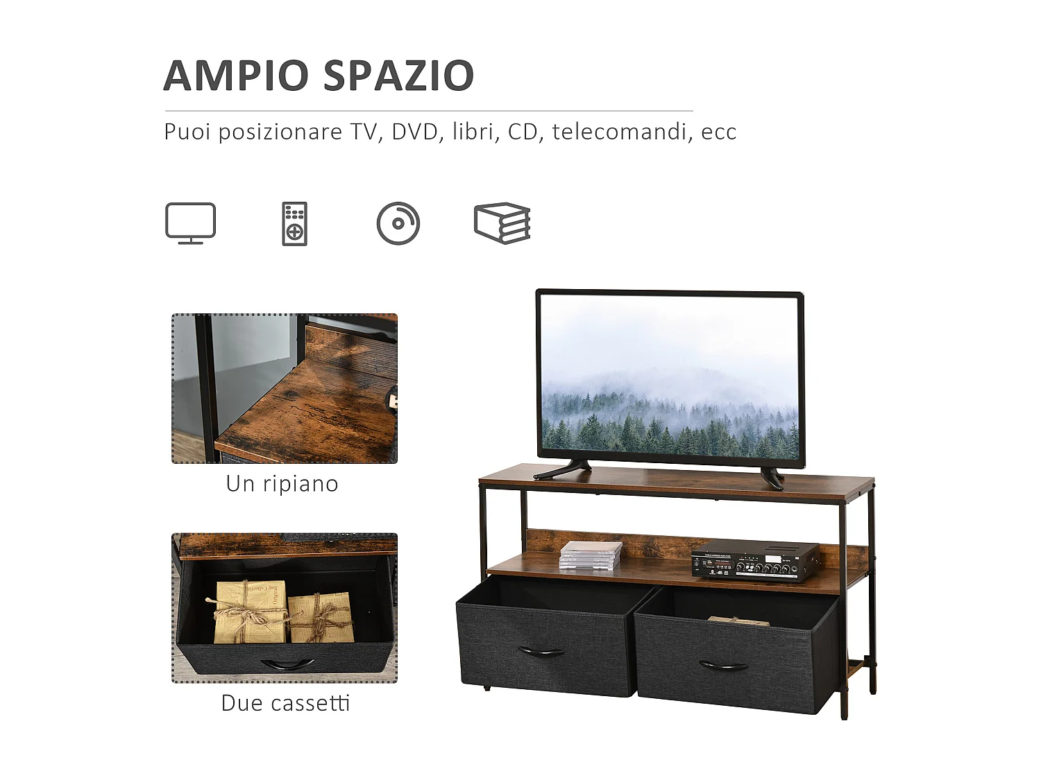 Mobile tv stile industriale con 2 cassetti e mensola 98x29x56cm